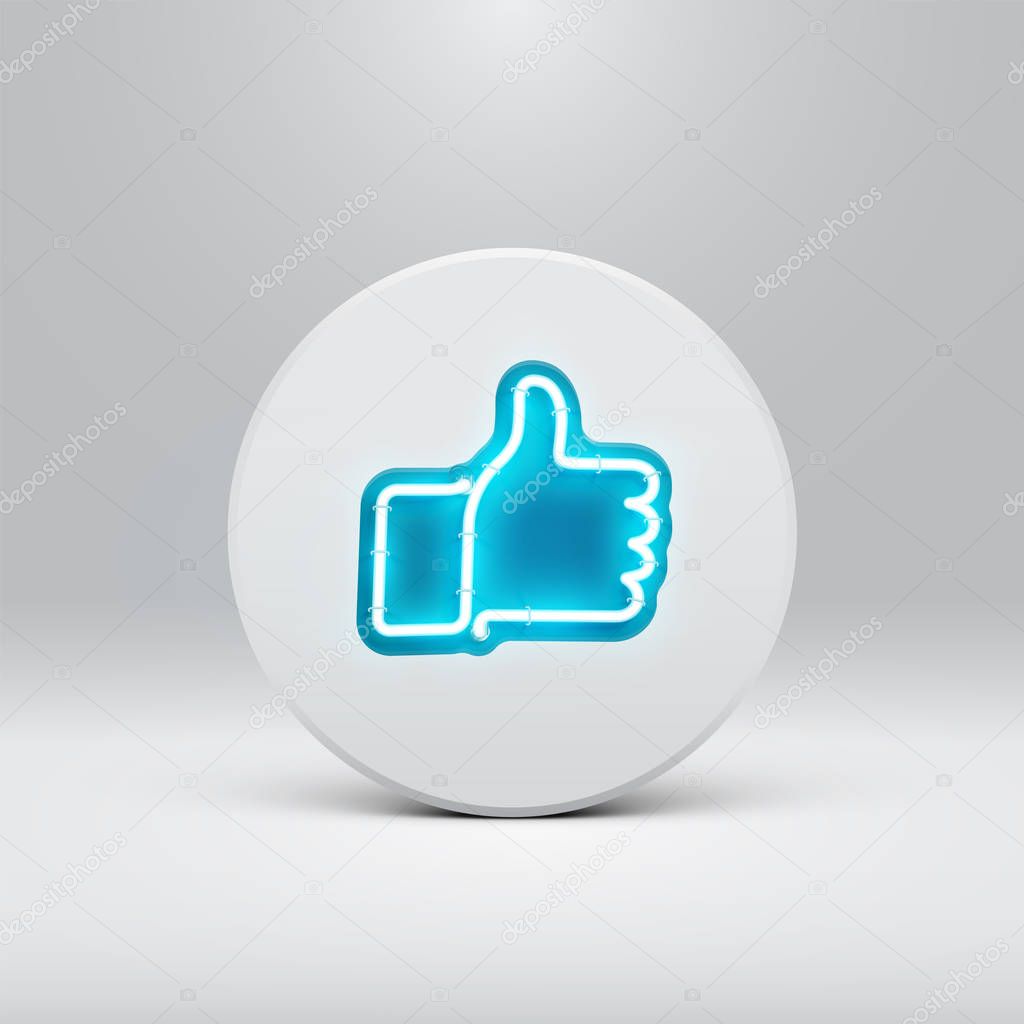 High detailed neon thumbs up on a disc, vector illustration