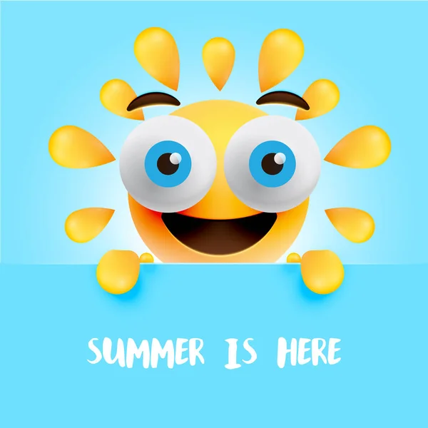 Забавный солнечный смайлик с названием "Лето здесь", вектор иллюзор — стоковый вектор