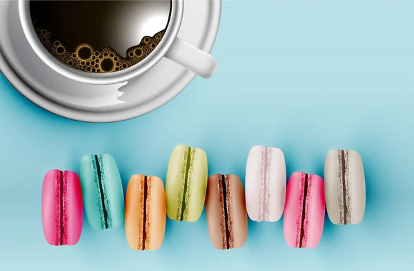 Hohe detaillierte bunte Macarons auf blauem Hintergrund mit einer Tasse o — Stockvektor