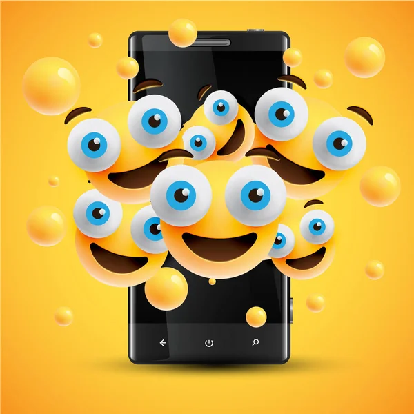 Ρεαλιστικές χαρούμενες κίτρινες φαφαίδα μπροστά από ένα κινητό, διάνυσμα — Διανυσματικό Αρχείο