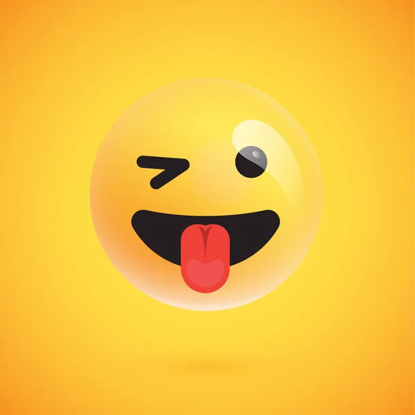 Emoticon giallo realistico di fronte a uno sfondo giallo, illustrazione vettoriale — Vettoriale Stock