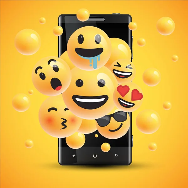 Verschiedene realistische Smileys vor einem Handy, Vektor illu — Stockvektor