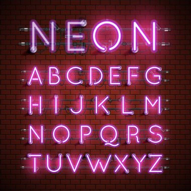 Yüksek detaylı neon yazı tipi seti, vektör çizimi