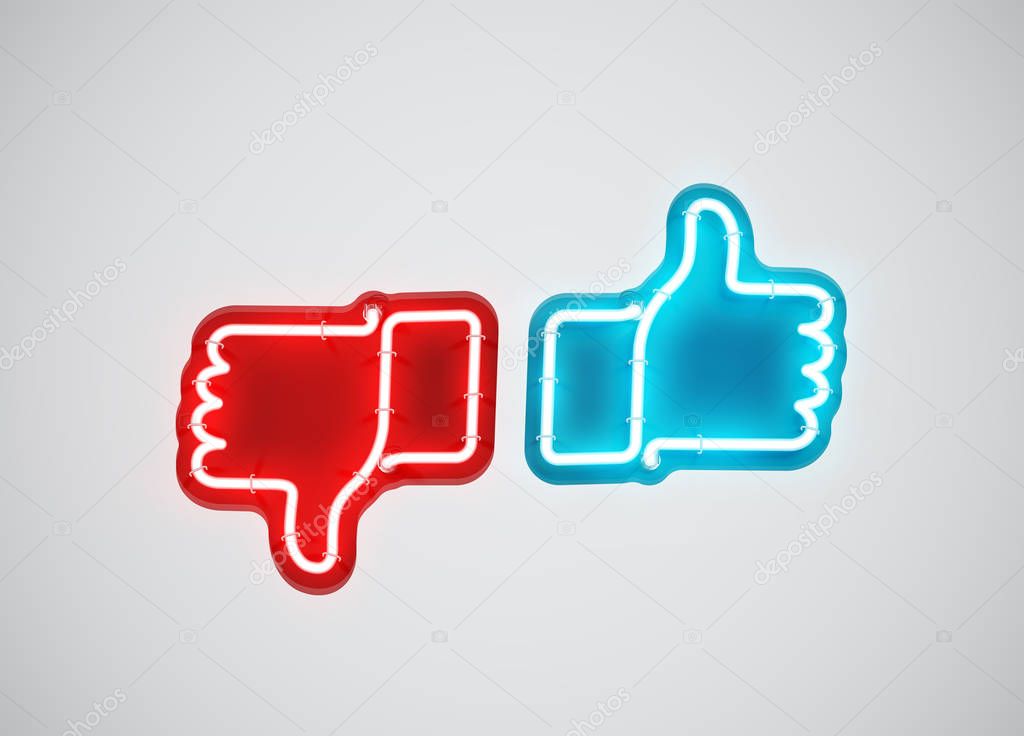 High detailed neon thumbs up and down, vector illustration