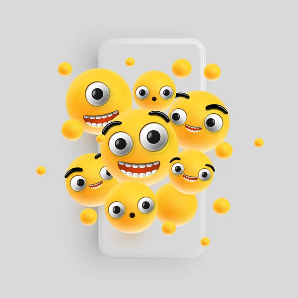 3D e diferentes tipos de emoticons com smartphone fosco, vecto — Vetor de Stock