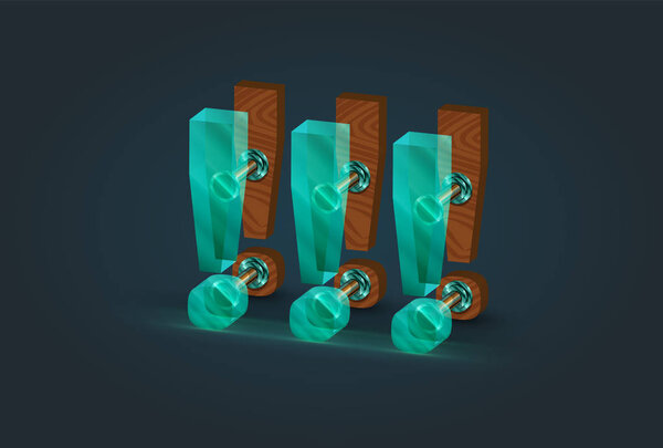 High-detailed wood and glass exclamation mark characters, vector