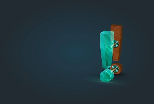 High-detailed wood and glass exclamation mark character, vector 