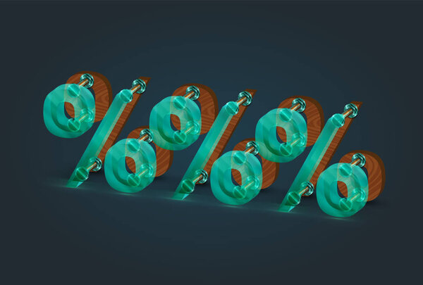 High-detailed wood and glass percent characters, vector illustra