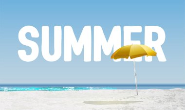 Arka planda 'Yaz' ile yüksek detaylı plaj, vektör illüstrasyon