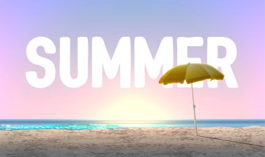 Arka planda 'Yaz' ile gün batımında yüksek detaylı plaj, vektör illüstrasyon