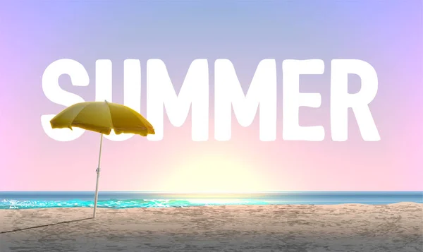 Hög detaljerad strand vid solnedgången med "sommar" i bakgrunden, vektor illustration — Stock vektor