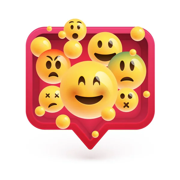 Emoticons altamente detalhados em uma bolha de fala 3D vermelha, ilustração vetorial — Vetor de Stock