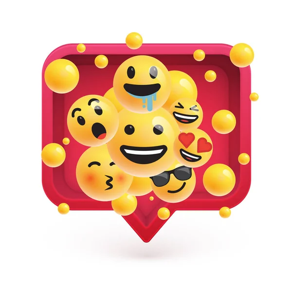 Emoticones de alto detalle en una burbuja de habla 3D roja, ilustración vectorial — Vector de stock