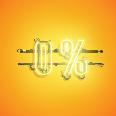 '0%' neon gerçekçi işareti, vektör illüstrasyon