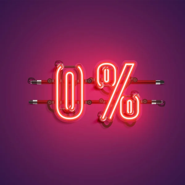 Segno realistico al neon "0%", illustrazione vettoriale — Vettoriale Stock