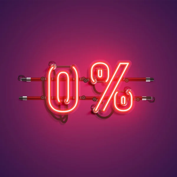 Segno realistico al neon "0%", illustrazione vettoriale — Vettoriale Stock