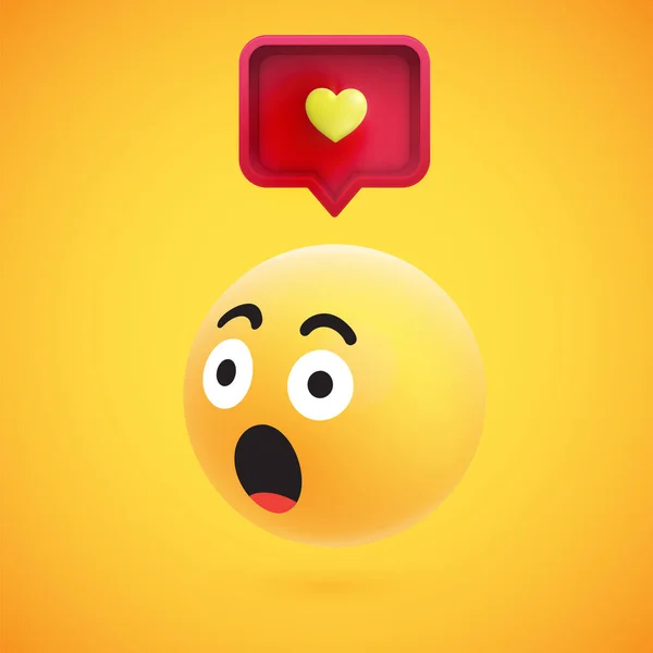 Emoticono 3D amarillo alto detallado lindo con la burbuja del habla y el corazón para la web, ilustración del vector — Vector de stock