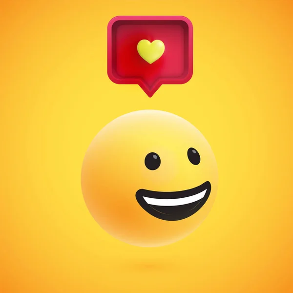 Emoticono 3D amarillo alto detallado lindo con la burbuja del habla y el corazón para la web, ilustración del vector — Archivo Imágenes Vectoriales
