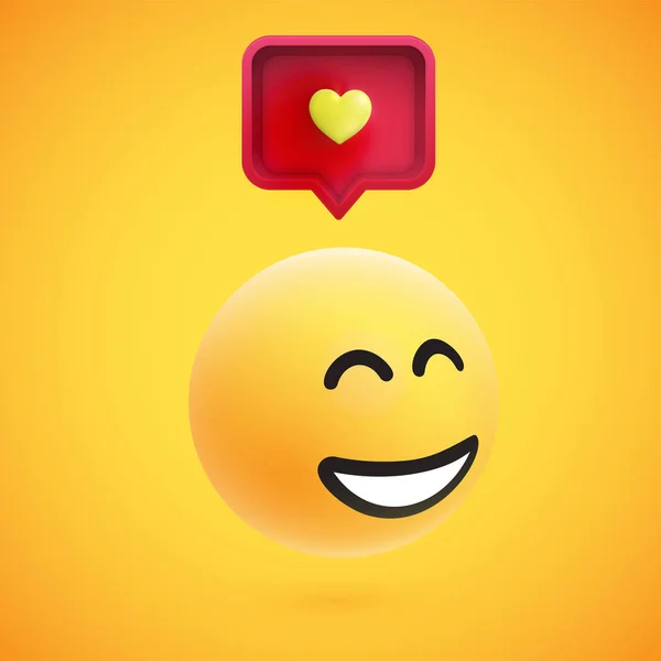 Schattig High-detailed gele 3D emoticon met toespraak bubble en hart voor web, vector illustratie — Stockvector