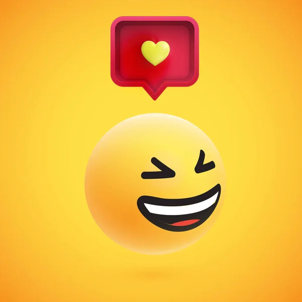 Emoticon 3D amarelo bonito e detalhado com bolha de fala e coração para web, ilustração vetorial — Vetor de Stock