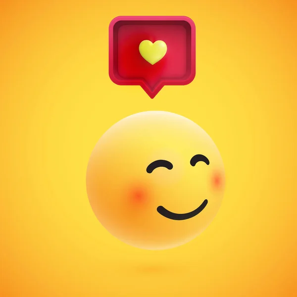 Cute wysokiej szczegółowe żółty emotikon 3D z bańki mowy i serce dla www, wektor ilustracji — Wektor stockowy