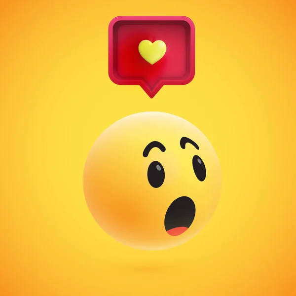 Emoticon 3D kuning yang lucu dengan gelembung bicara dan jantung untuk web, ilustrasi vektor - Stok Vektor
