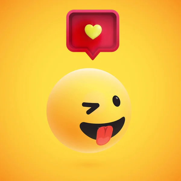 Carino emoticon 3D giallo ad alto dettaglio con bolla vocale e cuore per web, illustrazione vettoriale — Vettoriale Stock