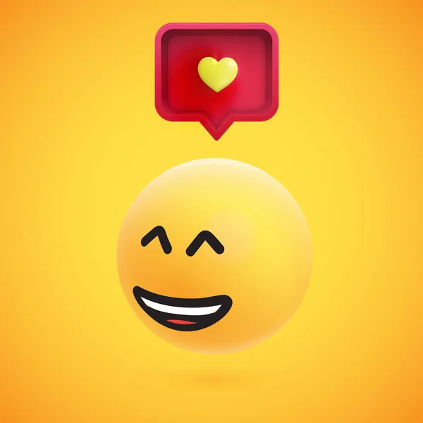 Schattig High-detailed gele 3D emoticon met toespraak bubble en hart voor web, vector illustratie — Stockvector