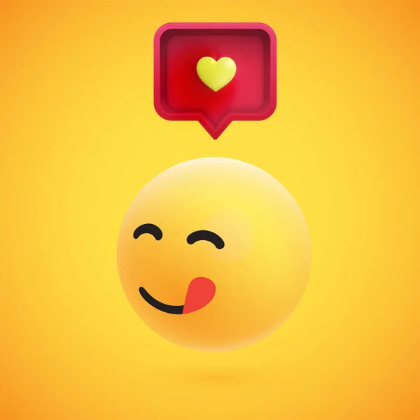 Drăguț emoticon 3D galben detaliat cu bule de vorbire și inimă pentru web, ilustrație vectorială — Vector de stoc