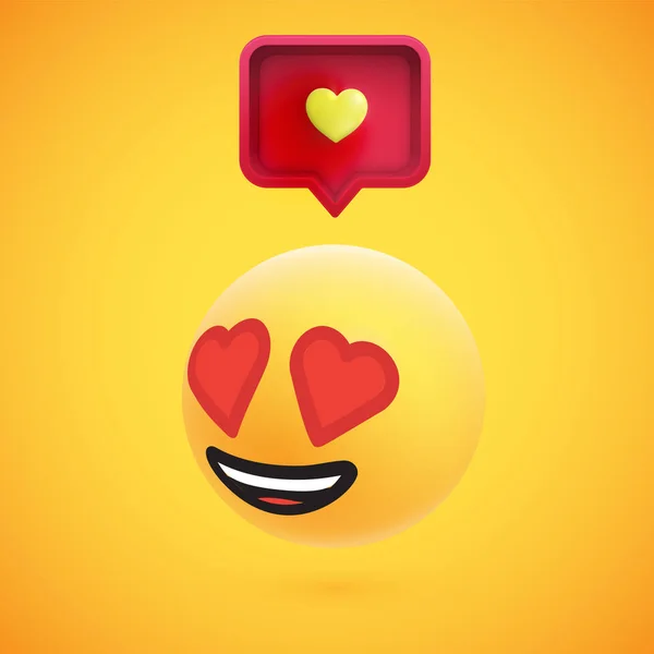 Cute high-detailed yellow 3D emoticon with speech bubble and heart for web, vector illustration — Stock Vector