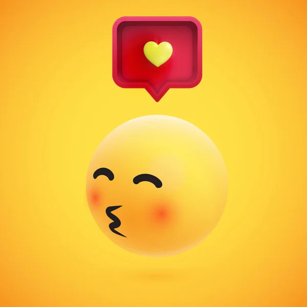 Emoticono 3D amarillo alto detallado lindo con la burbuja del habla y el corazón para la web, ilustración del vector — Archivo Imágenes Vectoriales