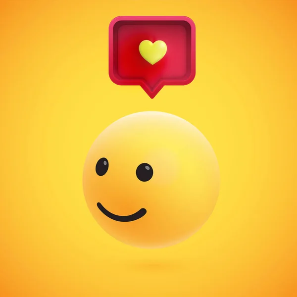 Schattig High-detailed gele 3D emoticon met toespraak bubble en hart voor web, vector illustratie — Stockvector