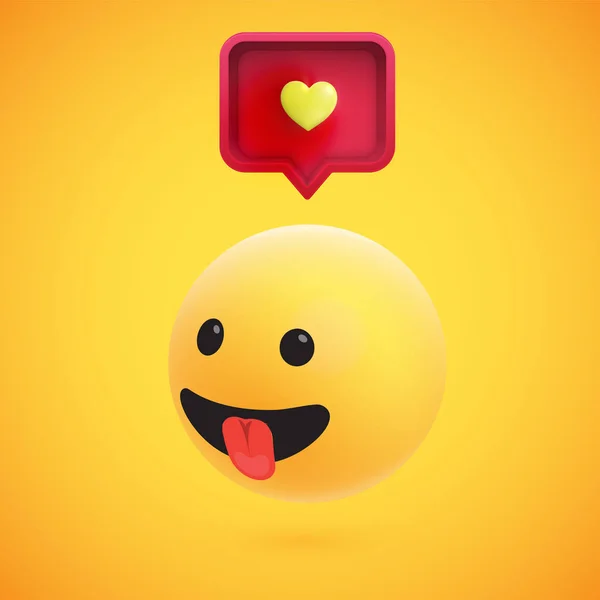 Emoticono 3D amarillo alto detallado lindo con la burbuja del habla y el corazón para la web, ilustración del vector — Archivo Imágenes Vectoriales