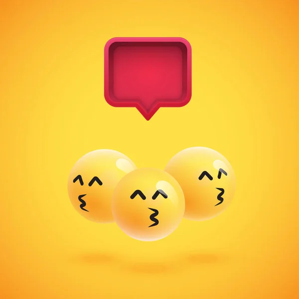 Kelompok emoticon kuning detail tinggi dengan gelembung ucapan 3D, ilustrasi vektor - Stok Vektor