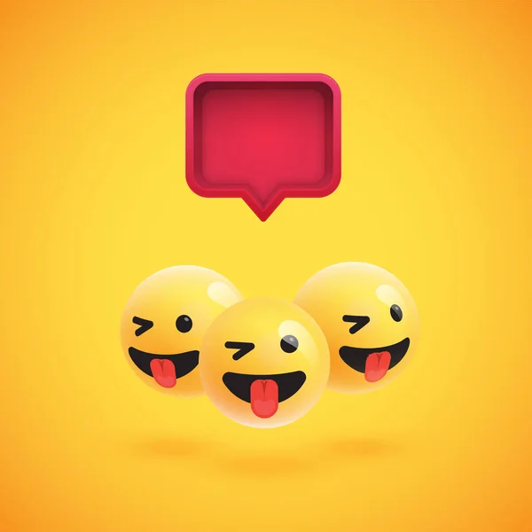 Grupo de emoticons amarelos detalhados com uma bolha de fala 3D, ilustração vetorial — Vetor de Stock