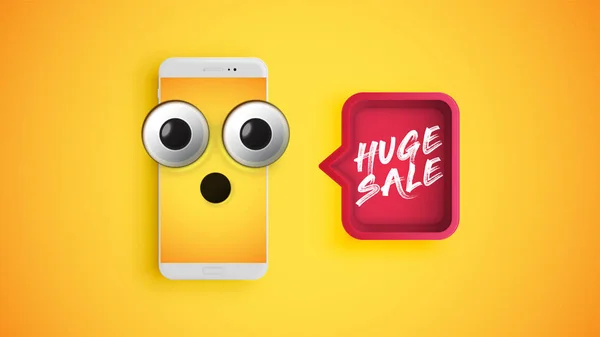 High detailed yellow emoticon on a smartphone with a red speech — Stock Vector
