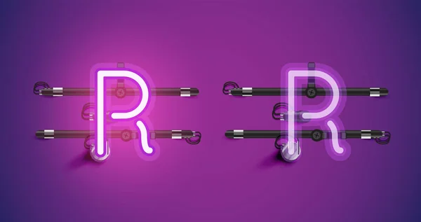 Caractère néon violet lumineux réaliste allumé et éteint — Image vectorielle