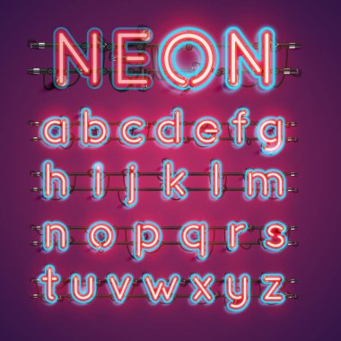 İki renkli çift zamanlı neon karakter seti, vektör çizimi