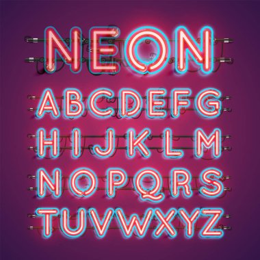 İki renkli çift zamanlı neon karakter seti, vektör çizimi