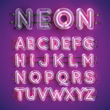 Etrafında plastik kasa ile gerçekçi mor neon karakter seti, vektör illüstrasyon