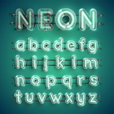 Etrafında plastik kasa ile gerçekçi yeşil neon karakter seti, vektör illüstrasyon