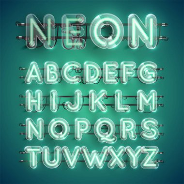 Etrafında plastik kasa ile gerçekçi yeşil neon karakter seti, vektör illüstrasyon