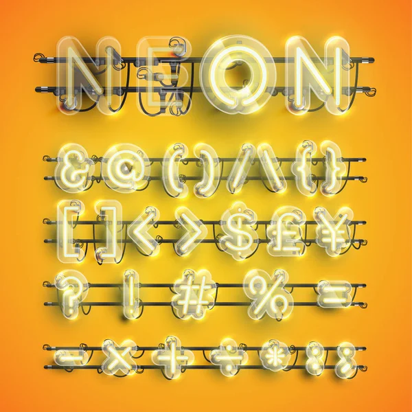 Realistisk gul neonteckenuppsättning med plastfodral runt, vektor illustration — Stock vektor