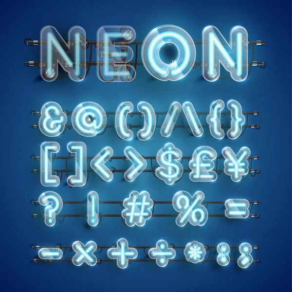 Realistischer blauer Neon-Zeichensatz mit umlaufendem Kunststoffetui, Vektorillustration — Stockvektor