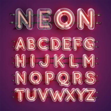 Etrafında plastik kasa ile gerçekçi kırmızı neon karakter seti, vektör illüstrasyon