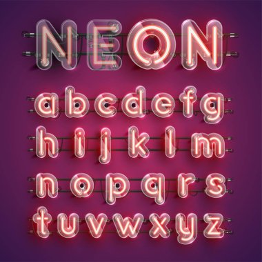 Etrafında plastik kasa ile gerçekçi kırmızı neon karakter seti, vektör illüstrasyon