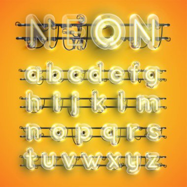 Etrafında plastik kasa ile gerçekçi sarı neon karakter seti, vektör illüstrasyon