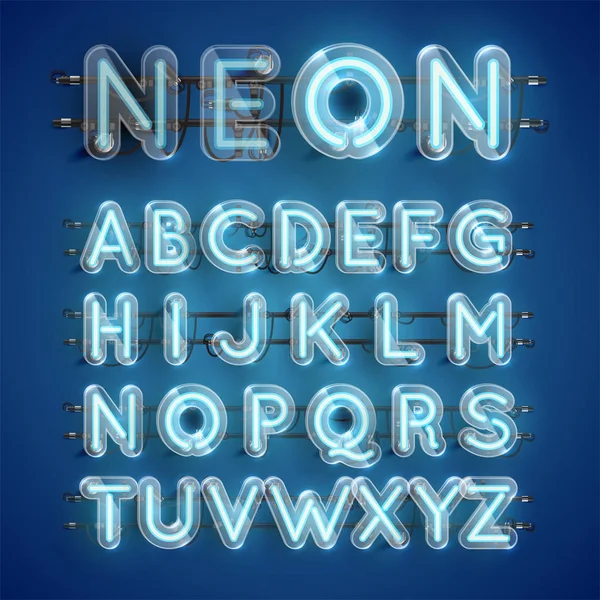 Karakter neon biru realistis diatur dengan kasus plastik di sekitar, ilustrasi vektor - Stok Vektor