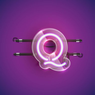 Plastik kutulu gerçekçi neon Q karakteri, illu vektörü