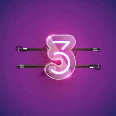 Plastik kutulu gerçekçi neon '3' karakteri, vektör il